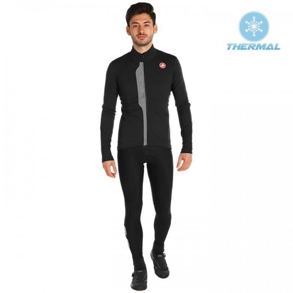 2019 Casteli TRAS Zwart Thermal Fietskleding Set Wielershirts Lange Mouw+Lange Wielrenbroek Bib 982PMOY