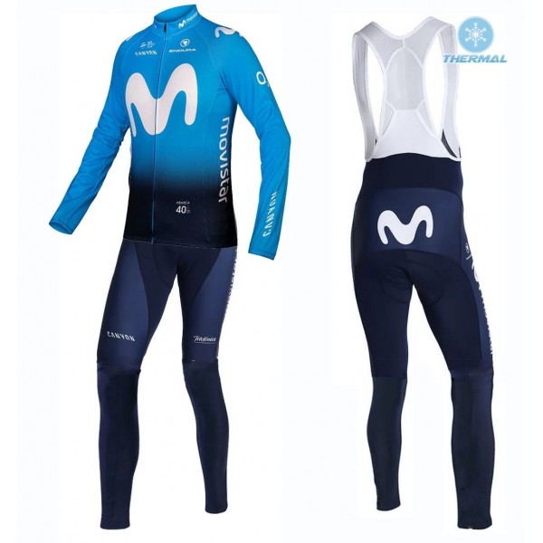 2019 Movistar Thermal Fietskleding Set Wielershirts Lange Mouw+Lange Wielrenbroek Bib 899FDBL