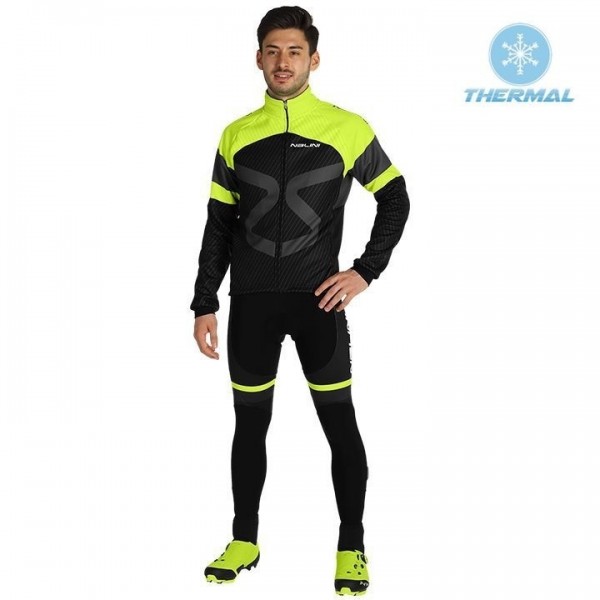 2019 Nalini Tuono Zwart-Geel Thermal Fietskleding Set Wielershirts Lange Mouw+Lange Wielrenbroek Bib 577FWVI