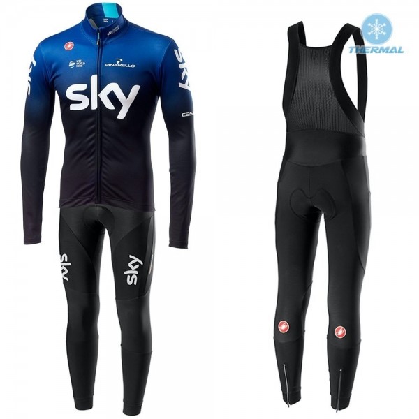 2019 SKY Team Zwart-Blauw Thermal Fietskleding Set Wielershirts Lange Mouw+Lange Wielrenbroek Bib 520KNKC