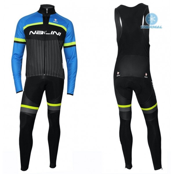 2020 Nalini Thebe Zwart-Blauw Thermal Fietskleding Set Wielershirts Lange Mouw+Lange Wielrenbroek Bib 368KRRD