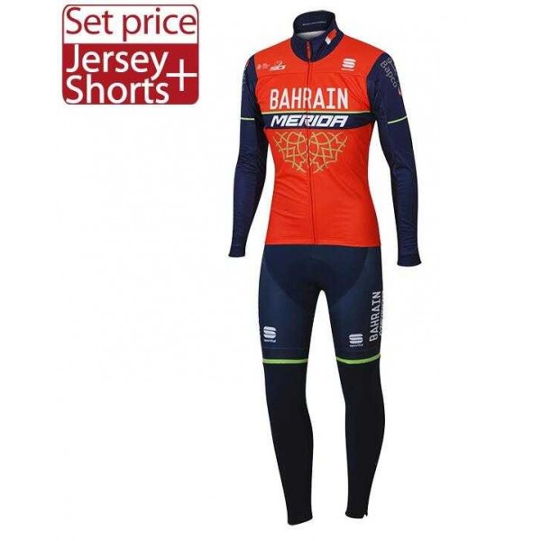 2017 Bahrain Merida Fietskleding Wielershirt Lange Mouw+Lange Fietsbroeken Bib