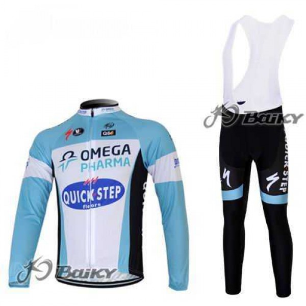 Omega Pharma Quick Step Pro Team Fietskleding Set Wielershirts Lange Mouw+Lange Fietsbroeken Bib Blauw Wit