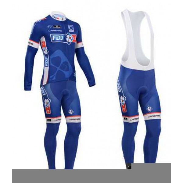 FDJ.Fr 2014 Fietskleding Wielershirt Lange Mouwen+Lange Fietsbroeken Bib Blauw