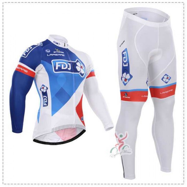 2015 FDJ Wielerkleding Set Wielershirt Lange Mouw+Lange Fietsbroeken