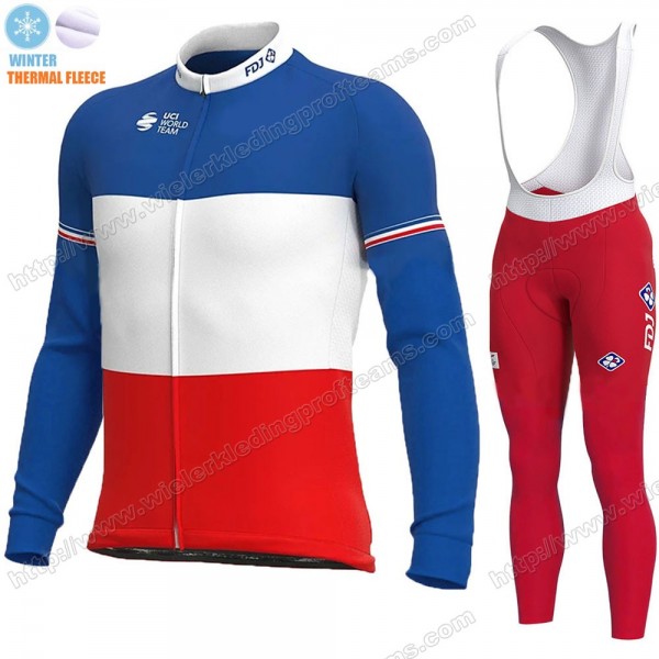 France FDJ Winter Thermal Fleece 2020 Fietskleding Set Wielershirts Lange Mouw+Lange Wielrenbroek Bib ZUCMG