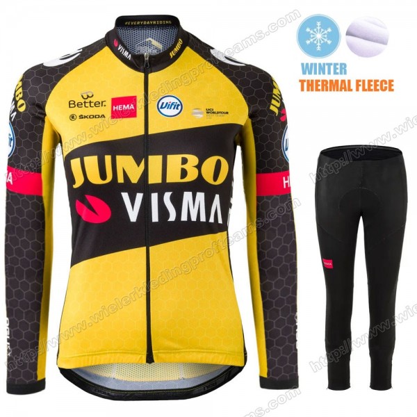 Winter Fleece Jumbo Visma Femmes Pro Team 2021 Fietskleding Set Wielershirts Lange Mouw+Lange Wielrenbroek Bib CLOLH