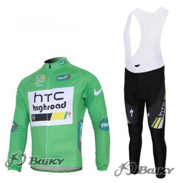 HTC-Highroad Pro Team Wielerkleding Set Wielershirts Lange Mouw+Lange Fietsbroeken Bib Groen Wit