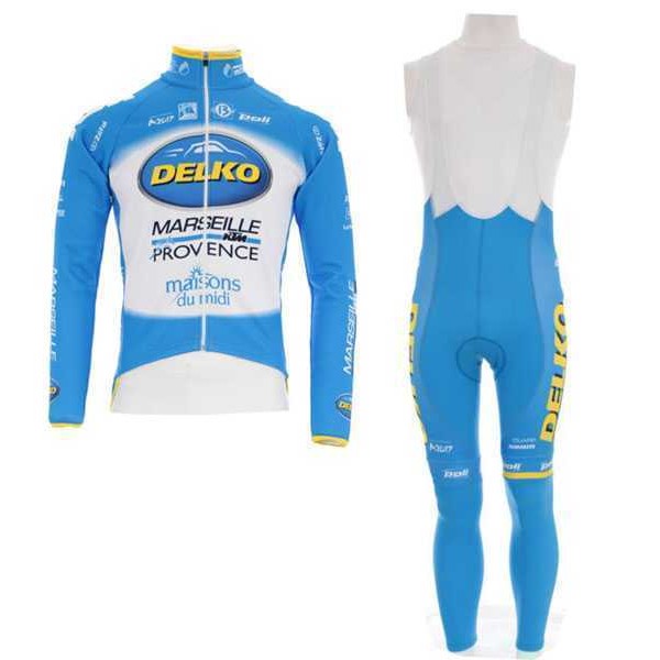 2016 KTM-Delko Marseille Provence Wielerkleding Set Wielershirt Lange Mouw Vliezen Blauw+Lange Korte Fietsbroeken Bib