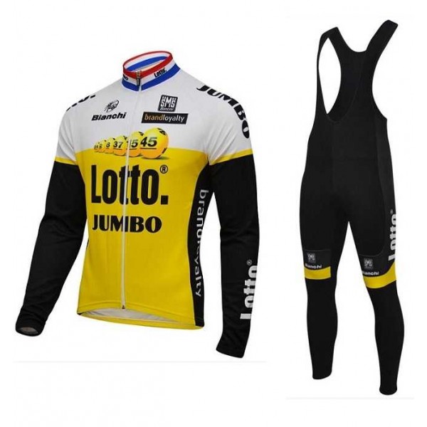 2016 Lotto Jumbo Wielerkleding Set Wielershirt Lange Mouw+Lange Fietsbroeken Bib Geel