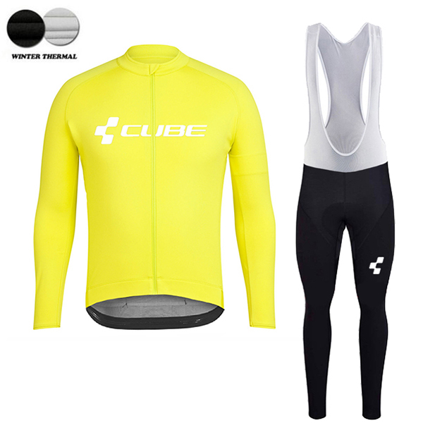 2018 Cube Geel Winter Fietskleding Set Wielershirt Lange Mouw+Lange Fietsbroeken Bib