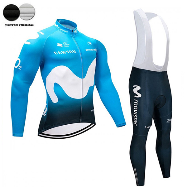 2018 Movistar Team Winter Fietskleding Wielershirt Lange Mouw+Lange Fietsbroeken Bib