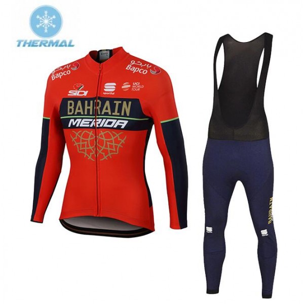 Bahrain Merida 2018 Winter Fietskleding Wielershirt Lange Mouw+Lange Fietsbroeken Bib