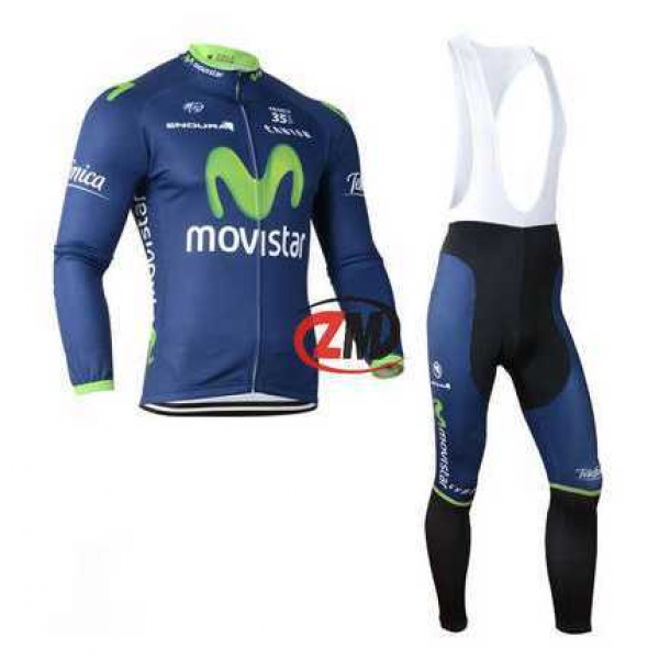 Movistar 2014 Wielerkleding Set Wielershirt Lange Mouwen+Lange Fietsbroeken Bib Blauw Zwart