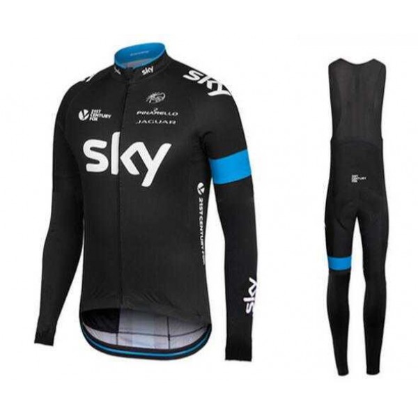 2016 SKY British Fietskleding Set Fietsshirt Lange Mouwen+Lange Fietsbroeken Bib Vliezen Zwart Blauw