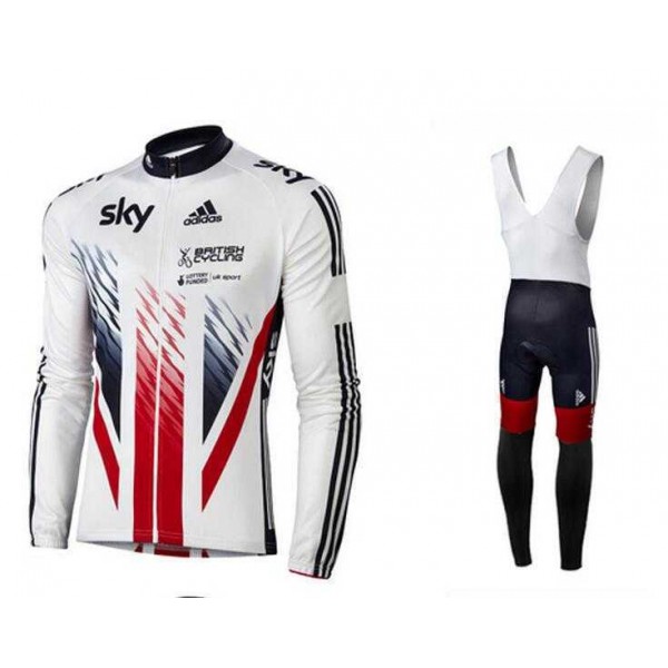 2016 SKY British Winter Wielerkleding Set Wielershirt Lange Mouwen+Lange Fietsbroeken Bib Vliezen Rood Wit