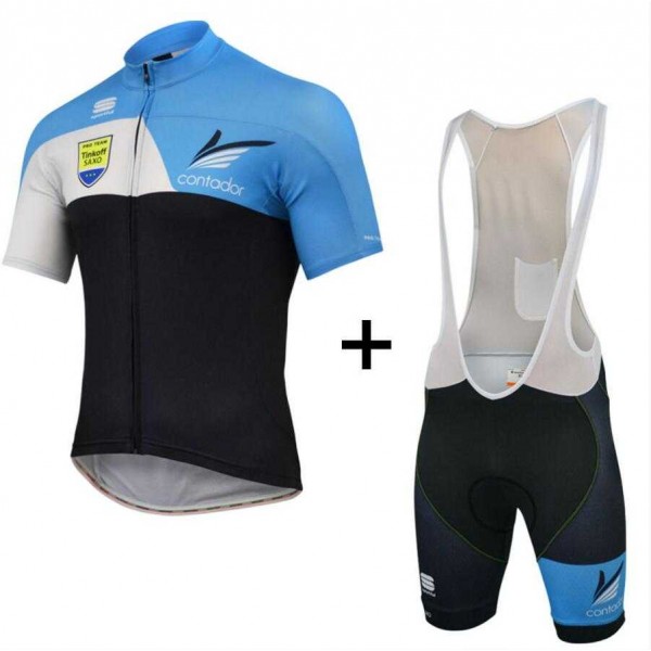 2015 Tinkoff Fietskleding Set Fietsshirt Met Korte Mouwen+Korte Koersbroek Blauw Zwart