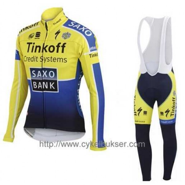 Teams Saxo Tinkoff 2014 Fietskleding Wielershirt Lange Mouw+Lange Fietsbroeken Bib